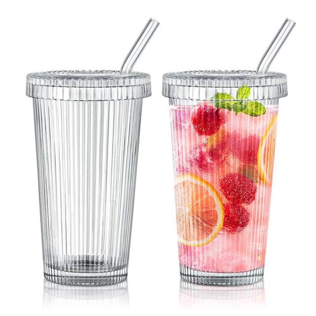 Joeyan Glass Tumbler with Lid and Straw,Clear Ribbed Iced Coffee Cup,Vintage Drinking Jar Glasses,Fluted Glassware for Juice Smoothie Water Milk Soda,12.5 oz,Set of 2,Dishwasher Safe