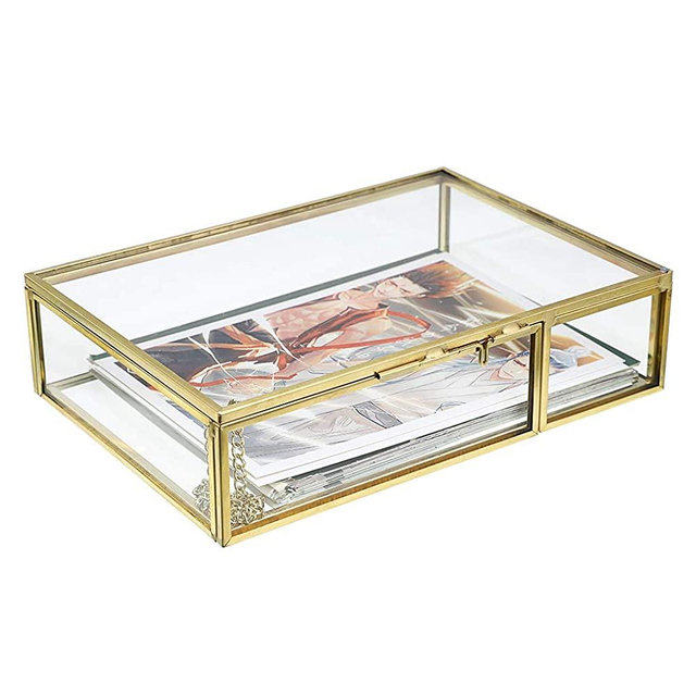 Hipiwe Gold Glass Photo Box - Vintage Photo Storage Organizer, Trinket Box Jewelry Display Organizer Keepsake Box Case Home Decor