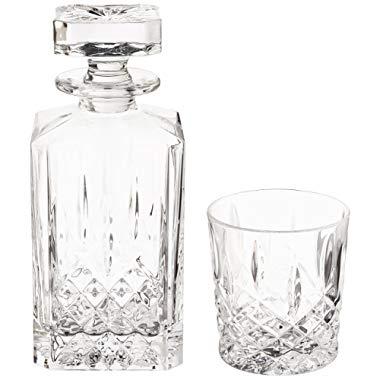 Marquis by Waterford Markham 11 Ounce Double Old Fashioned Glasses Pair and Square Decanter Set, Unleaded Crystal