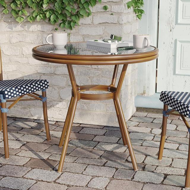 Flash Furniture Lourdes Indoor/Outdoor Commercial French Bistro Table, PE, Glass Top, Bamboo Print Aluminum, 31.5" Round, Navy & White Rattan/Natural Frame