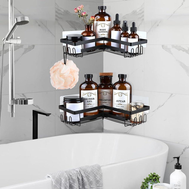 YEVONNIE Corner Adhesive Shower Caddy, with Soap Holder and 12 Hooks, Rustproof Stainless Steel Bathroom Organizer, No Drilling Wall Mounted Rack, Black,2-Pack