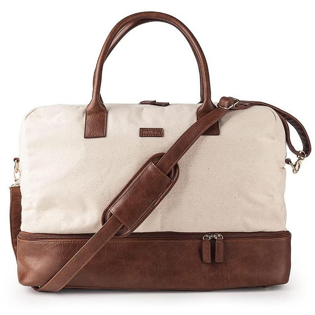 MyMealivos Canvas Weekender Bag, Overnight Travel Carry On Duffel with Shoe Pouch (Ivory)