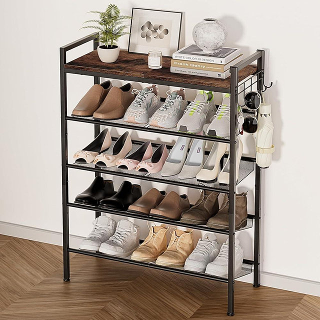 neatevday 5 Tier Shoe Rack, Shoe Rack for Front Door Entrance with Hook, Shoe Organizer with Adjustable Mesh Shelves, Metal Shoes Rack for Entryway, Closet, Bedroom Living Room Garage