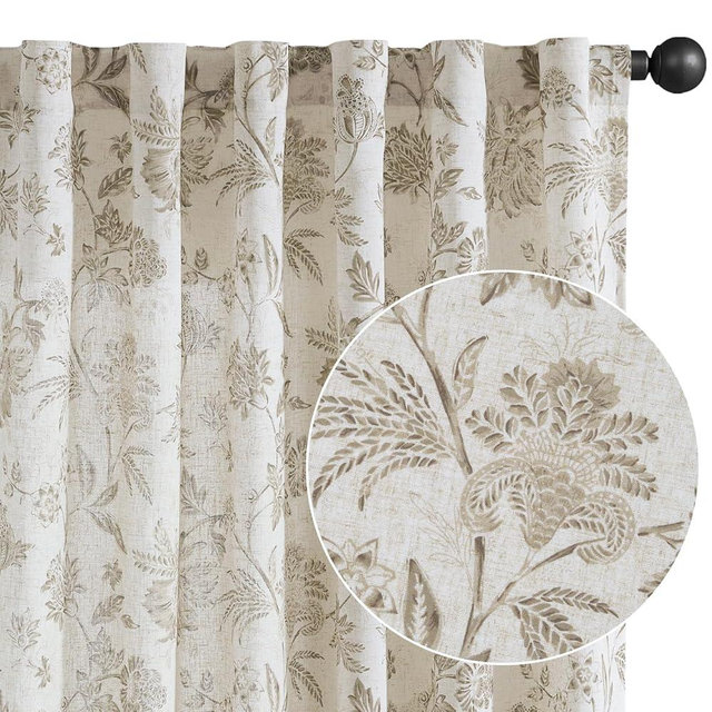 jinchan Linen Floral Curtains for Living Room with Printed Flower 84 Inches Long Light Filtering French Country Back Tab Rod Pocket Taupe Window Curtain Set Farmhouse Drapes 2 Panels Taupe