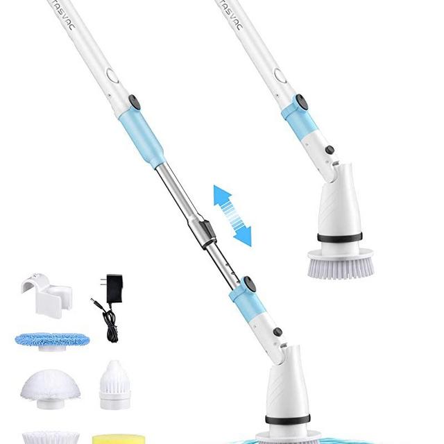 TASVAC Electric Spin Scrubber, 450RPM Cordless Shower Brush with 5 Replaceable Cleaning Heads and Adjustable Extension Arm, 1.5H Power Bathroom Scrubber for Bathtub, Grout, Tile, Floor, Wall, Sink