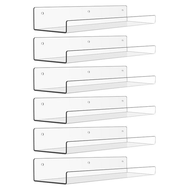 upsimples Clear Acrylic Shelves for Wall Storage, 15" Acrylic Floating Shelves Wall Mounted, Kids Bookshelf, Display Ledge Wall Shelves for Bedroom, Living Room, Bathroom, Kitchen, Set of 6