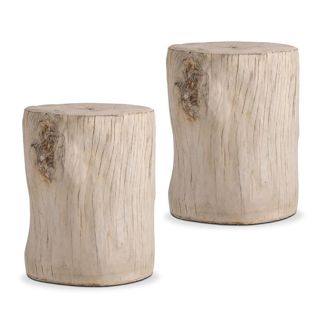 COSIEST 2 Pieses Outdoor Side Table, Hand-Painted Wood Stump Side Table Set of 2, Faux Wood Stool, Ottomans, Plant Stand, Deck or Garden (Antique Beige)