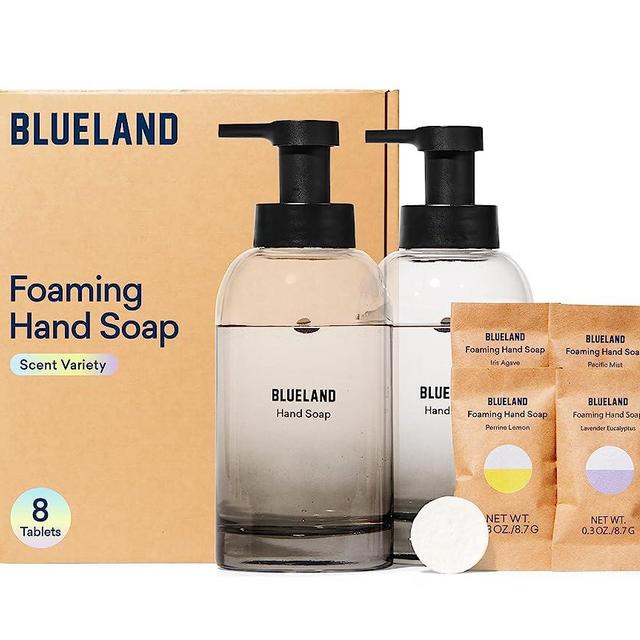 BLUELAND Hand Soap Duo Slate - 2 Refillable Glass Foaming Hand Soap Dispensers + 8 Tablet Refills, Variety Scents, Makes 8 x 9 Fl oz bottles (72 Fl oz total)