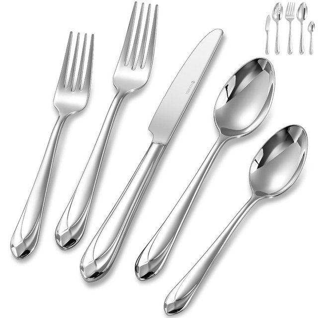 KEAWELL Premium Astra Flatware Set, 45-Piece Silverware Set for 8, Mirror-Finished 18/10 Stainless Steel, Modern Cutlery Dishwasher Safe for Meals and Gatherings (45, Silver)