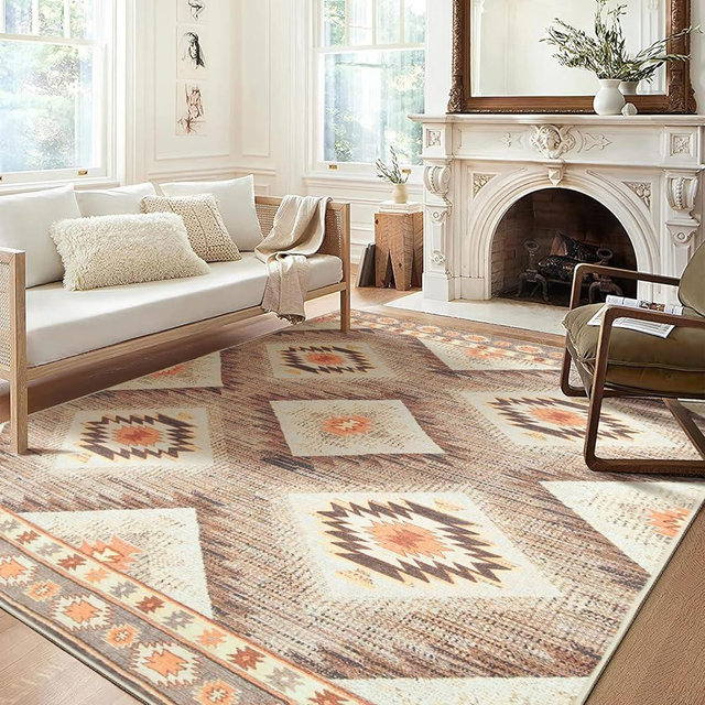 8x10 Area Rugs, Washable 8x10 Rug, Non Slip Floor Carpet, Low Pile Water Repellent, Ultra Soft Faux Wool Vintage Moroccan Rugs for Living Room Bedroom Indoor-Cream/Camel
