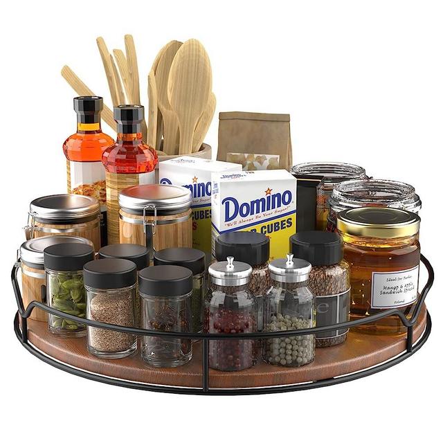 Lazy Susan Turntable Organizer for Cabinet Pantry Kitchen Countertop Refrigerator Cupboard, Pine Wood, 12", Brown