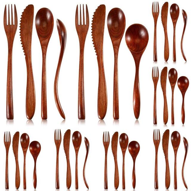 EBOOT 32 Pieces Wooden Forks and Spoons for Eating Utensils Set Curved Tailed Wooden Spoons Knives Wood Flatware Travel Camping Kitchen Eating Dinner Parties Home