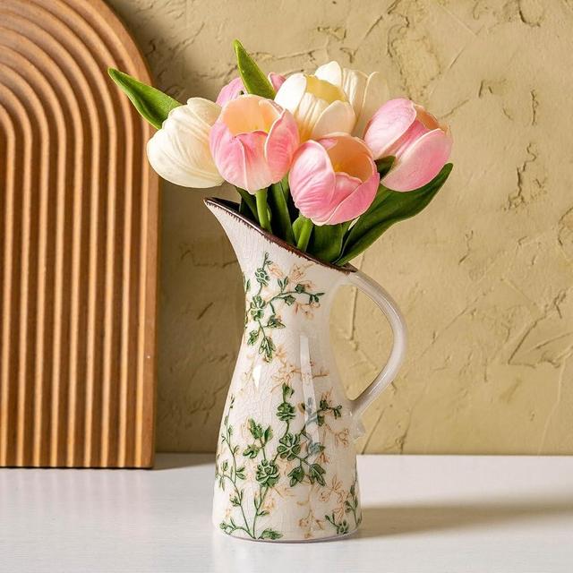 SURE YUESI Green and Beige Pitcher Vase, Handcrafted Pastoral Ceramic Floral Vase, Vintage Farmhouse Flower Vase for Home Decor, Chinoiserie Tuscan Cottage Core Decor, Rustic Table Centerpiece 7.3 in