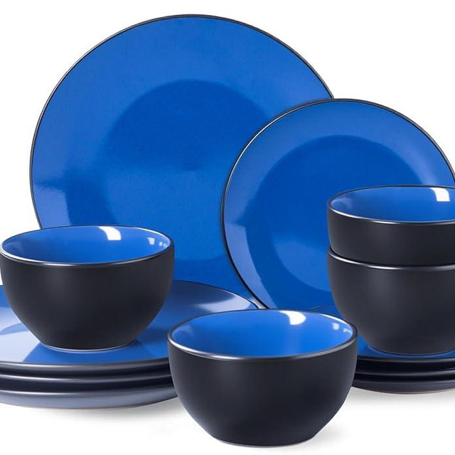 Plates and Bowls Sets for 4 - CJDC-QUELO 12-Piece Stoneware Dinnerware Sets, Ceramic Dishware Set for Indoor Kitchen Use and Formal Dining, Chip and Scratch Resistant Microwave Dishwasher Safe, Blue