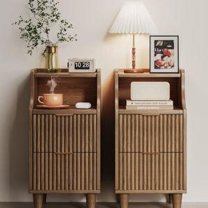 11.8" Fluted Nightstand & Narrow Bedside Table With 2 Drawers Set Of 2 (Set of 2) - Walnut