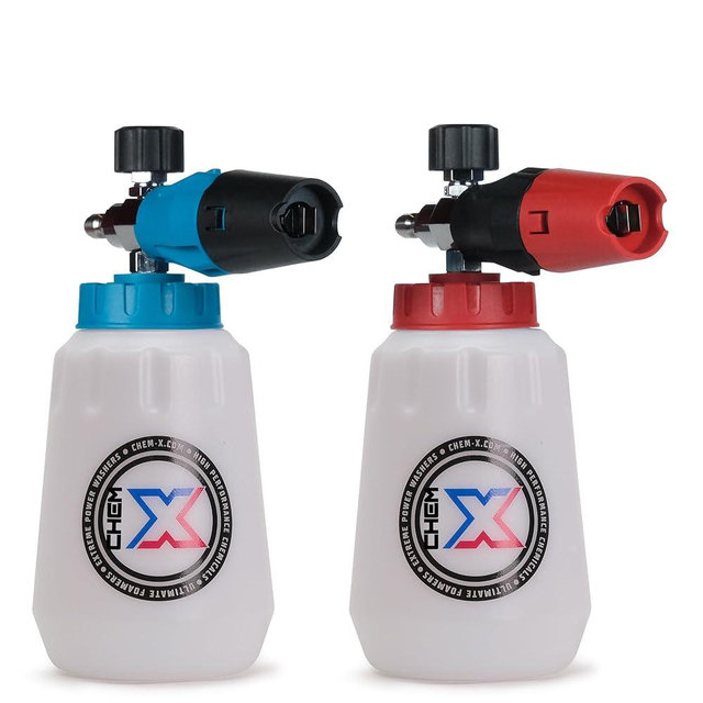Chem-X Chrome Cannon 2.0 Foam Cannon Kit (Red HDPE 34oz Capacity Bottle + Blue HDPE 34oz Capacity Bottle)