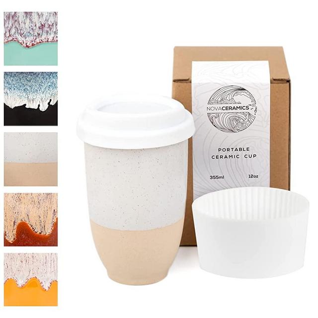 Nova Ceramics Reusable Coffee Cup, Ceramic Travel Mug with Lid, Portable Coffee Cup, Unique to Go Mug, Microwave, Dishwasher Safe, 12oz, Clay with Speckled Glaze, Dune