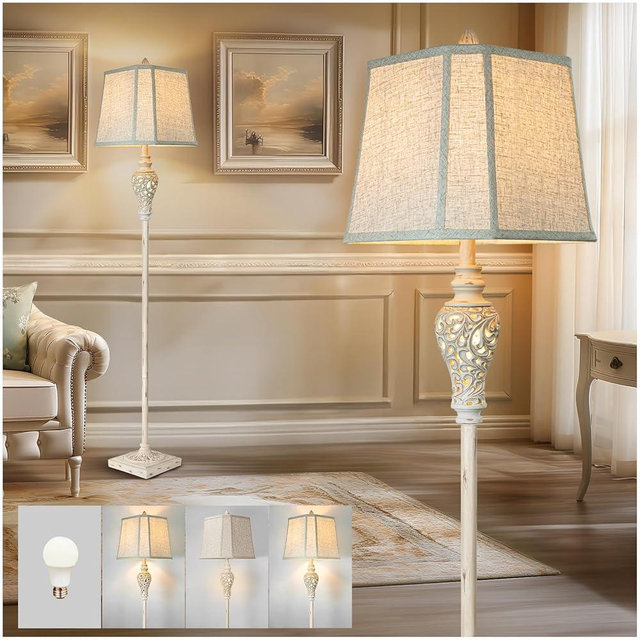 Rustic Floor Lamp 65'' Tall with Nightlight Cut Corner Linen Fabric Shade Vintage Standing Lamp for Living Room, Bedroom, Office, House (LED Bulb Included)
