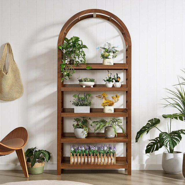 YUCHIATH 5-Tier Solid Wood Open Bookcase, Modern Arched Bookshelf, Home Office Shelf Storage Organizer, Storage Display Rack Shelf for Living Room (Walnut)