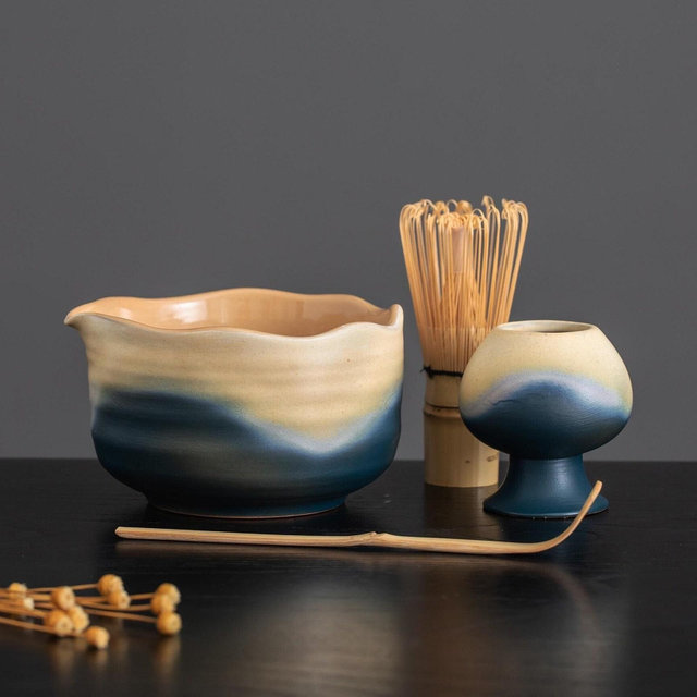 Handmade Ocean Blue Glazed Matcha Bowl Set: Tea Ceremony Kit