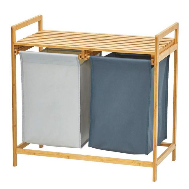 WORTHYEAH Bamboo Laundry Hamper and Shelf, Dual Compartments Laundry Basket with Removable Bag, 2 Sections Laundry Organizer and Storage, Wooden Bamboo Laundry Sorter