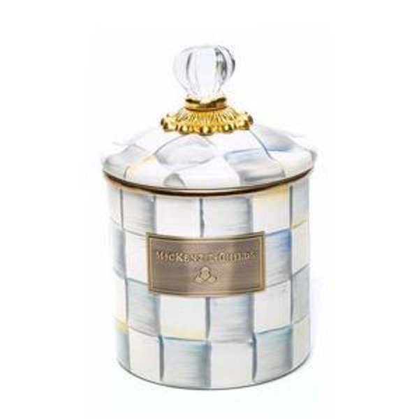 MACKENZIE-CHILDS Small Enamel Canister, Kitchen Storage Container for Flour and Sugar, 1.13 Liters, Grey-and-White Sterling Check