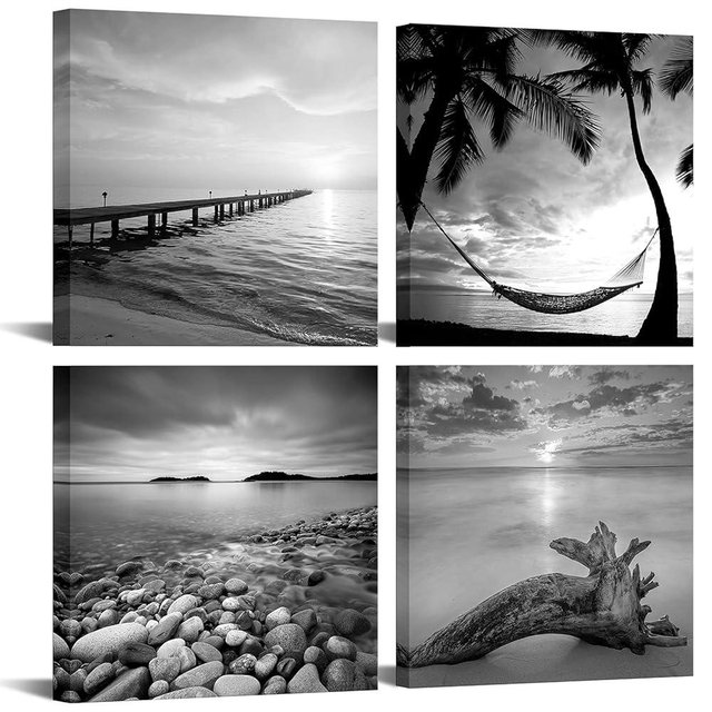sechars - Black and White Beach Wall Art Seascape Painting Sunrise Scenery Picture Giclee Canvas Print Framed for Living Room Bedroom Bathroom Home Office Wall Decoration