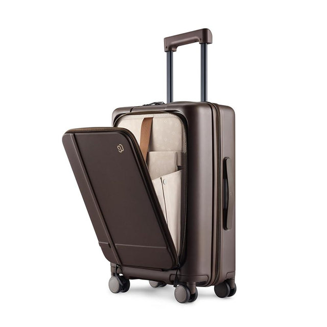 NINETYGO Carry On Luggage 22x14x9 Airline Approved, 20 Inch Suitcase with Front Compartment & Cup Holder, Coffee-Infused PC Hard Shell, Eco-Friendly, TSA Lock, 360° Spinner Wheels (Americaco)