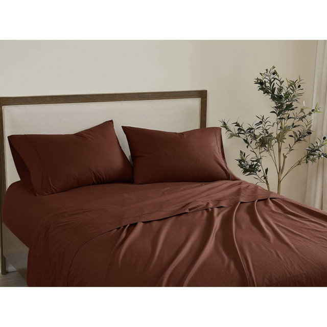 Brooklyn Loom Queen Solid Cotton Percale Sheet Set Brown