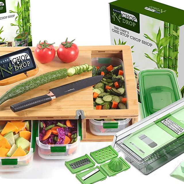 Bamboo Cutting Board with Containers and Locking Lid - Includes Built-in Grater and New Knife Sharpener- Stackable Containers For Easy Storage- Cutting Board With Trays For Easy Food Prep