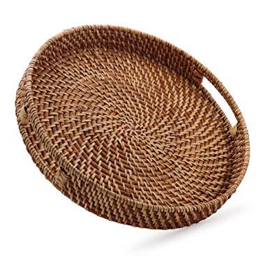 Round Rattan Woven Serving Tray with Handles Ottoman Tray for Breakfast, Drinks, Snack for Coffee Table, Home Decorative (13.8"x2", Honey Brown)
