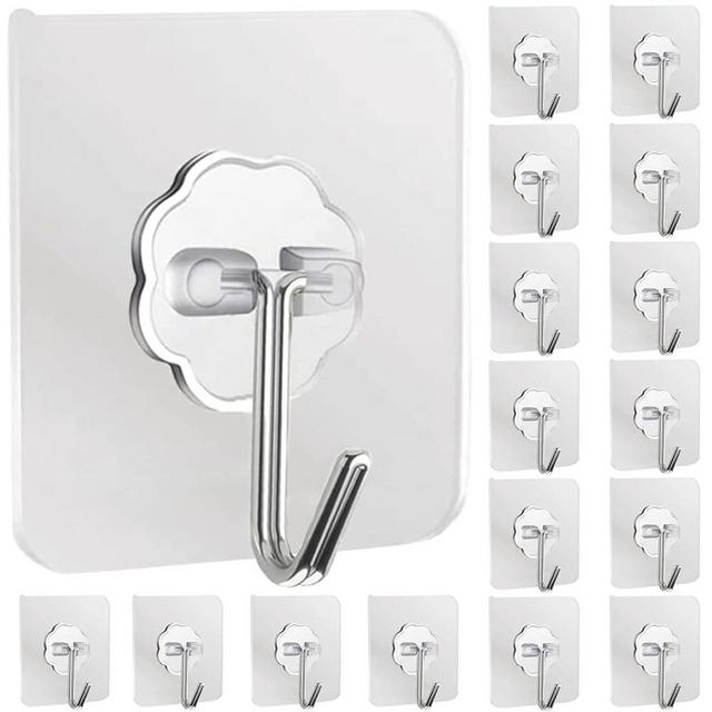 Adhesive Hooks for Hanging, Stainless Steel 16 Pack Sticky Wall Hooks 22lb(Max) Removable, Heavy Duty Self Adhesive Hooks Waterproof Oilproof for Bathroom Shower Kitchen Outdoor Towel Keys, Clear