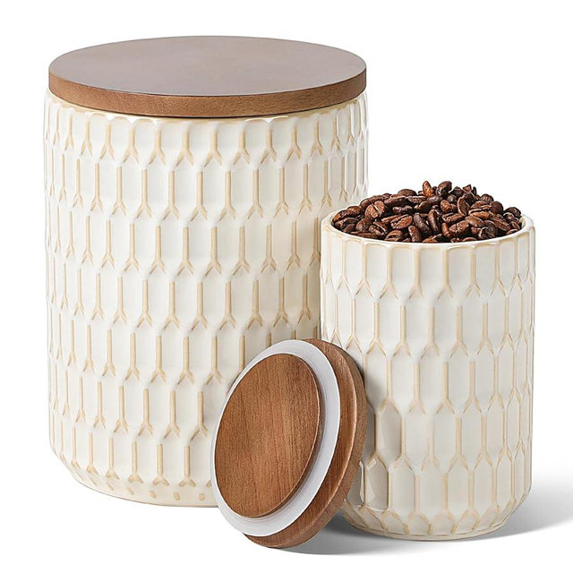 ArteBake Ceramic Canisters Sets for the Kitchen, Flour Sugar Storage Containers, Diamond-Patterned Design, Coffee Canister with Airtight Lid for Counter Spice and Food (White Sets of 2)