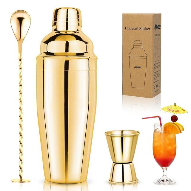 25oz Cocktail Shaker Set Martini Shaker Set Bartender Set with Margarita Mixer Drink Shaker, Measuring Jigger and Mixing Spoon - Professional 18/8 Stainless Steel Bar Tools for Mixed Drinks (Gold)
