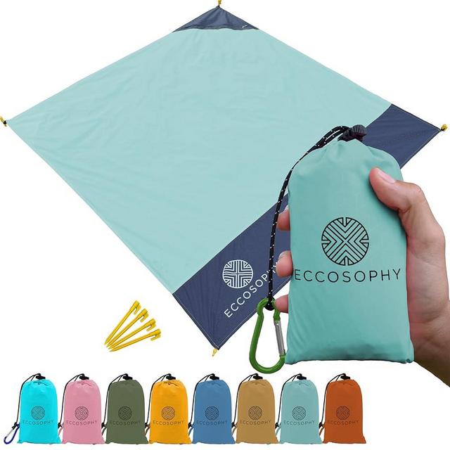ECCOSOPHY Sand Proof Beach Blanket - Waterproof Picnic Blanket 60x55 Outdoor Compact Pocket Blanket Lightweight Ground Cover for Hiking Camping Festivals Sports Travel with Bag & Stakes (Pistachio)
