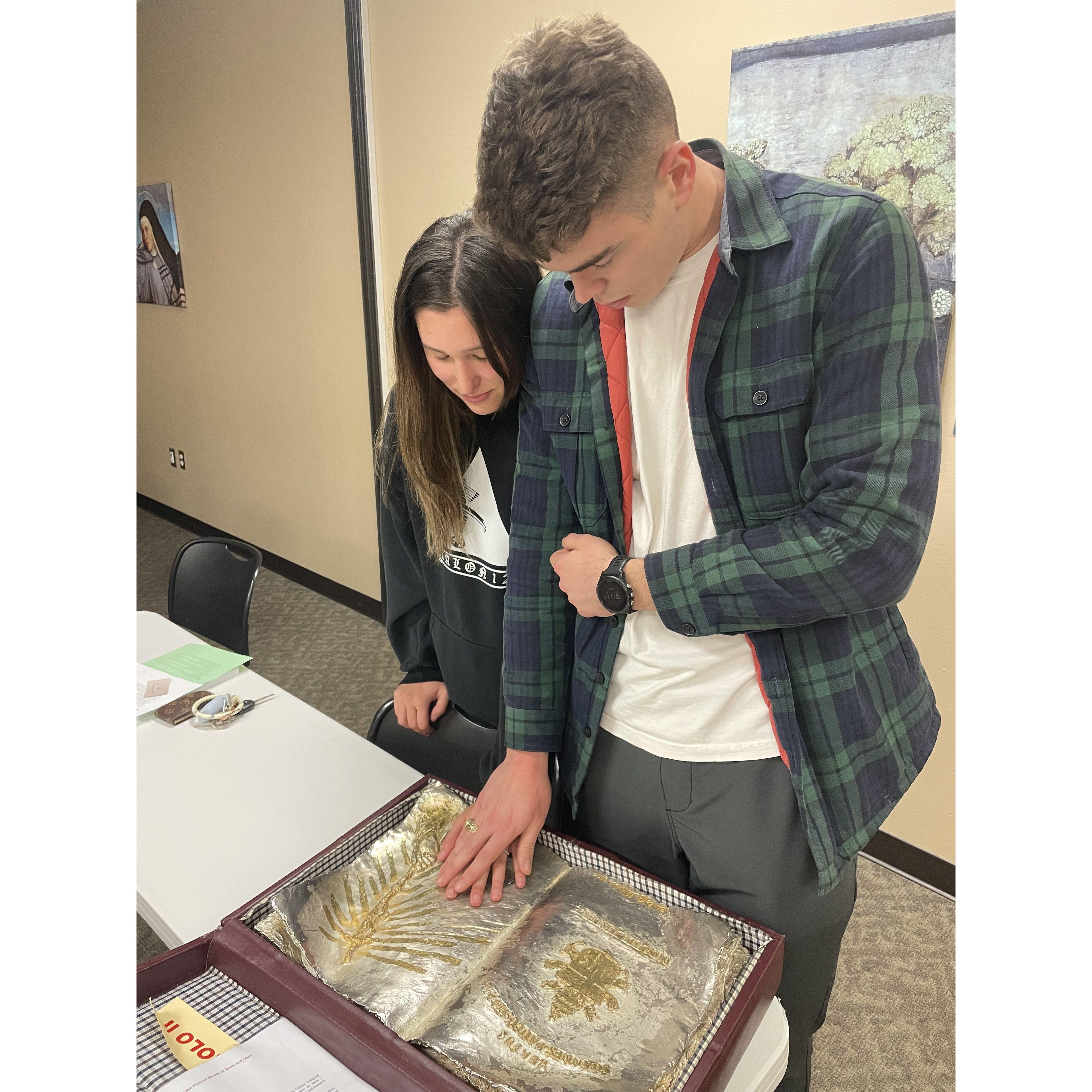Praying with the only traveling relic of Pope St. John Paul II when he visited Aggieland! A huge thank you to the Servants of the Pierced Hearts of Mary and Jesus for making that possible!