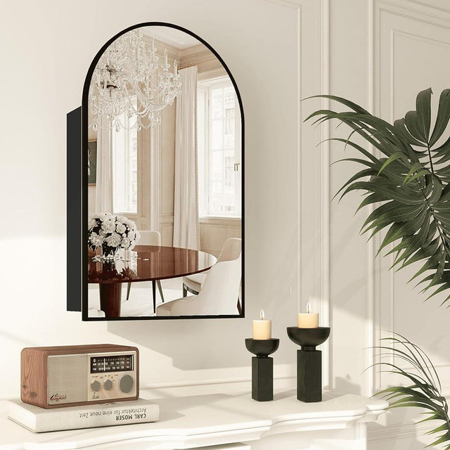 FUNFOLLOW Bathroom Medicine Cabinet with Mirror, Arched Medicine Cabinet Wall Mounted, Modern Vanity Mirror with Storage, Mirrored Cabinet with Adjustable Shelves, Not Recessed, 20x32 Inch,Black