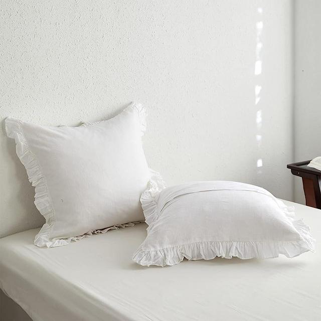 King Linens 100% French Linen Euro Shams with Ruffles - Set of 2 - Washed Solid Color Natural Flax Soft Breathable Pillow Covers - White, 26'' x 26''
