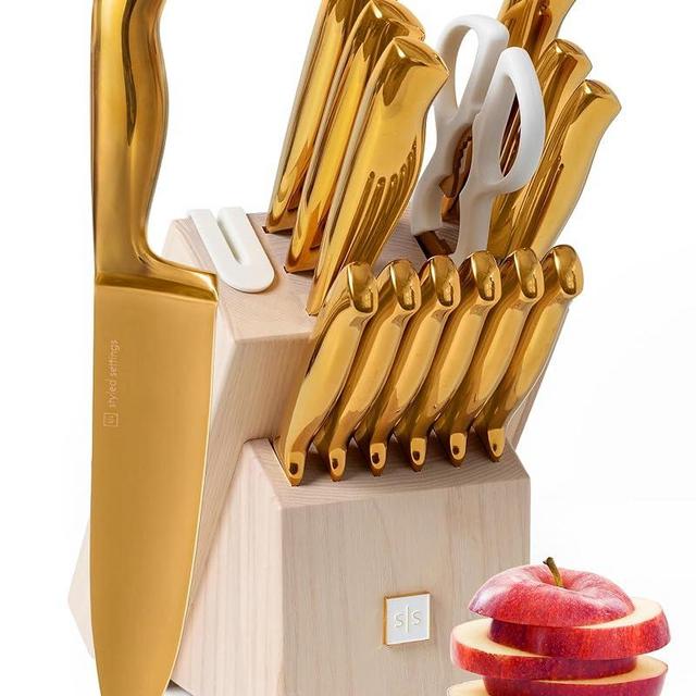 Gold Knife Set for Kitchen with Block and Sharpener - 14 Piece Razor Sharp Titanium Gold Kitchen Knife Set with Ashwood Knife Block with Sharpener Built In - Gold Kitchen Accessories