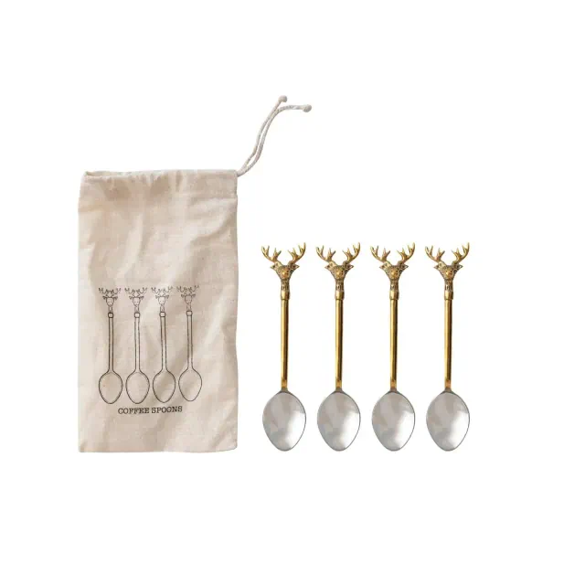 Storied Home Stainless Steel and Brass Spoons with Gold Finish Reindeer Handles, Set of 4 in Printed Drawstring Bag