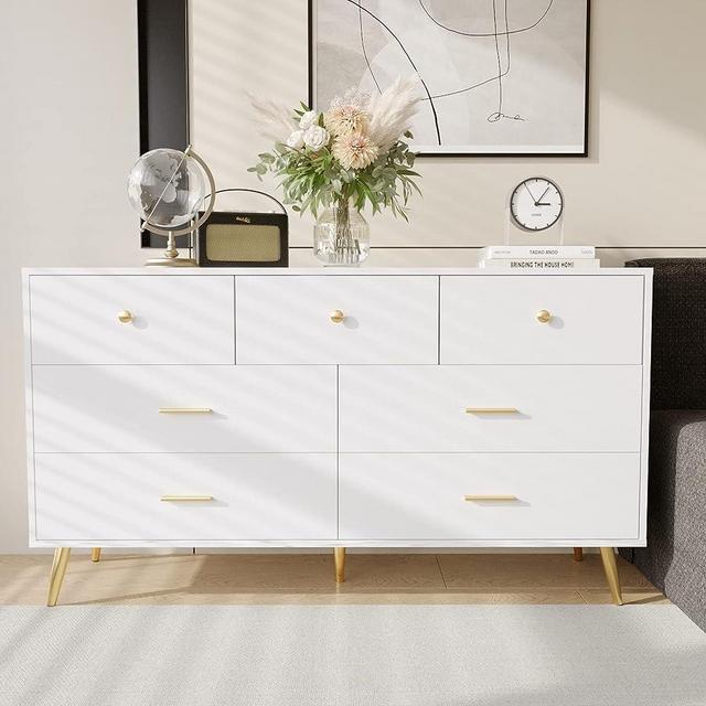 Fushimuma White Dresser for Bedroom, 7 Drawer Dresser, Wood Chest of Drawers with Gold Handles, Modern Dressers & Chests of Drawers for Kids Bedroom, Living Room, Hallway