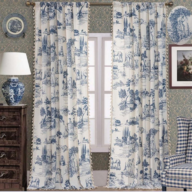 F-CHU Blue Victorian curtainsCurtains for Living Room 2 Panels Patterned Print Semi Blackout Farmhouse Modern Toile Pattern on Cream White Cotton Fabric Window Drapes for Bedroom 55" W x 90" L