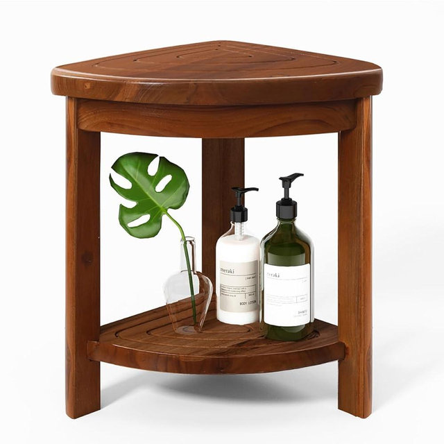 JOLLYMER Solid Teak Shower Stool with Shelf for Shaving Legs, Small Corner Bench for Foot Rest, Heavy Duty Wood Bathseat Near Bathtub, Easy Assembly