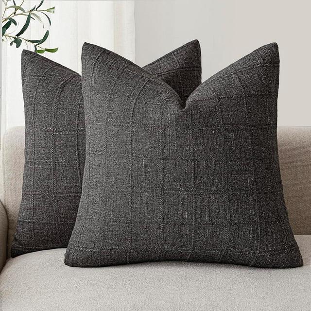 Foindtower Set of 2 Decorative Linen Check Throw Pillow Covers Neutral Farmhouse Vintage Cushion Covers Modern Boho Home Decor for Sofa Chair Couch Bedroom Living Room Outdoor,22×22 Inch,Charcoal