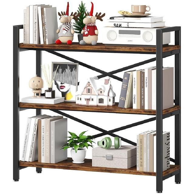 Homeiju 3 Tier Bookshelf 31.49" Width, Wood and Metal Etagere Bookcase, Vintage Farmhouse Modern Wooden Big Book Shelf for Home Living Room Bedroom Office Storage(Rustic Brown)