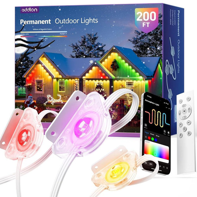 addlon 200FT Permanent Outdoor Lights, RGB+IC Smart LED Outdoor Lights for House, App & Remote Control, DIY Scene Mode, IP67 Waterproof Christmas Light, Holiday, Party, Halloween Decorations