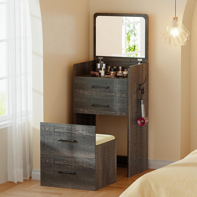 Gurexl 3 in 1 Vanity Desk with Plip Top Mirror,Small Make Up Vanity Set with Visible Glass Desktop,Compact Makeup Vanity with 3 Drawers,Cushioned Tool,Dressing Table for Bedroom,Dark Oak