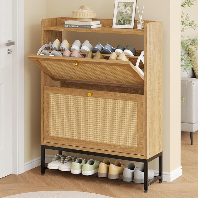 SUPERLELE Shoe Cabinet Storage for Entryway, Slim Rattan Shoe Organizer Rack with 2 Flip Drawers, Freestanding Organizer for 24-32 Pairs, Oak