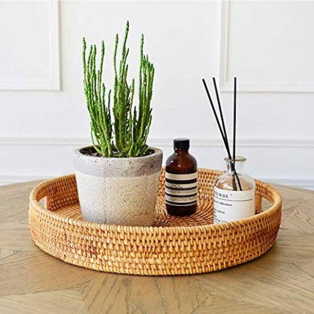 Rattan Round Serving Tray, Decorative Coffee Table Tray, Ottoman Hand Woven Serving Basket with Handles, Wicker Fruit/Bread Serving Basket, 11.8 inch