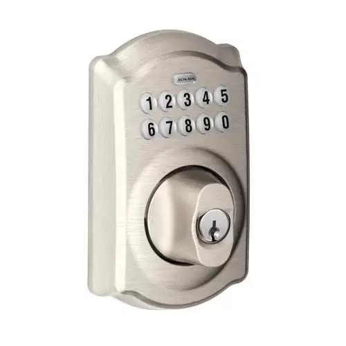 Schlage BE365 Cam Keypad Camelot Satin Nickel Single-Cylinder Deadbolt 1-Cylinder Electronic Deadbolt Lighted Keypad